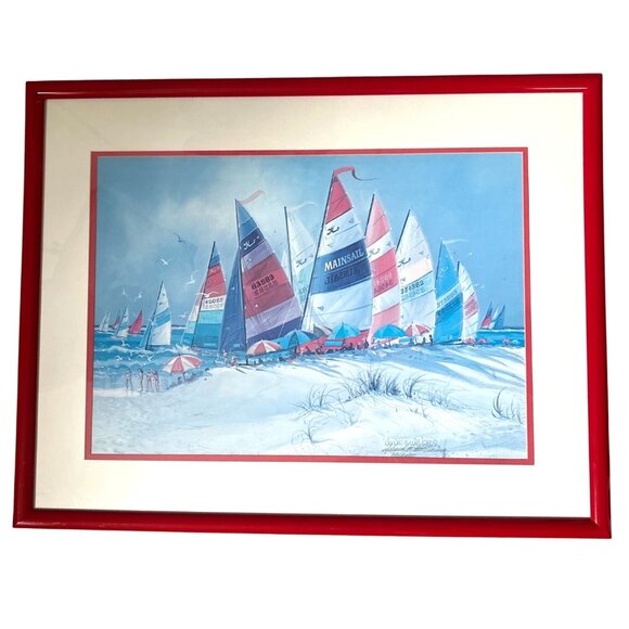 Richard E. Williams Retro 90's Red Framed Beach Boats Artist Signed Lithograph - Picture 12 of 16